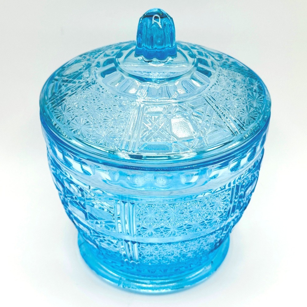 Vintage Blue Sugar Bowl Pressed Glass Covered Lidded Candy Dish Starburst
